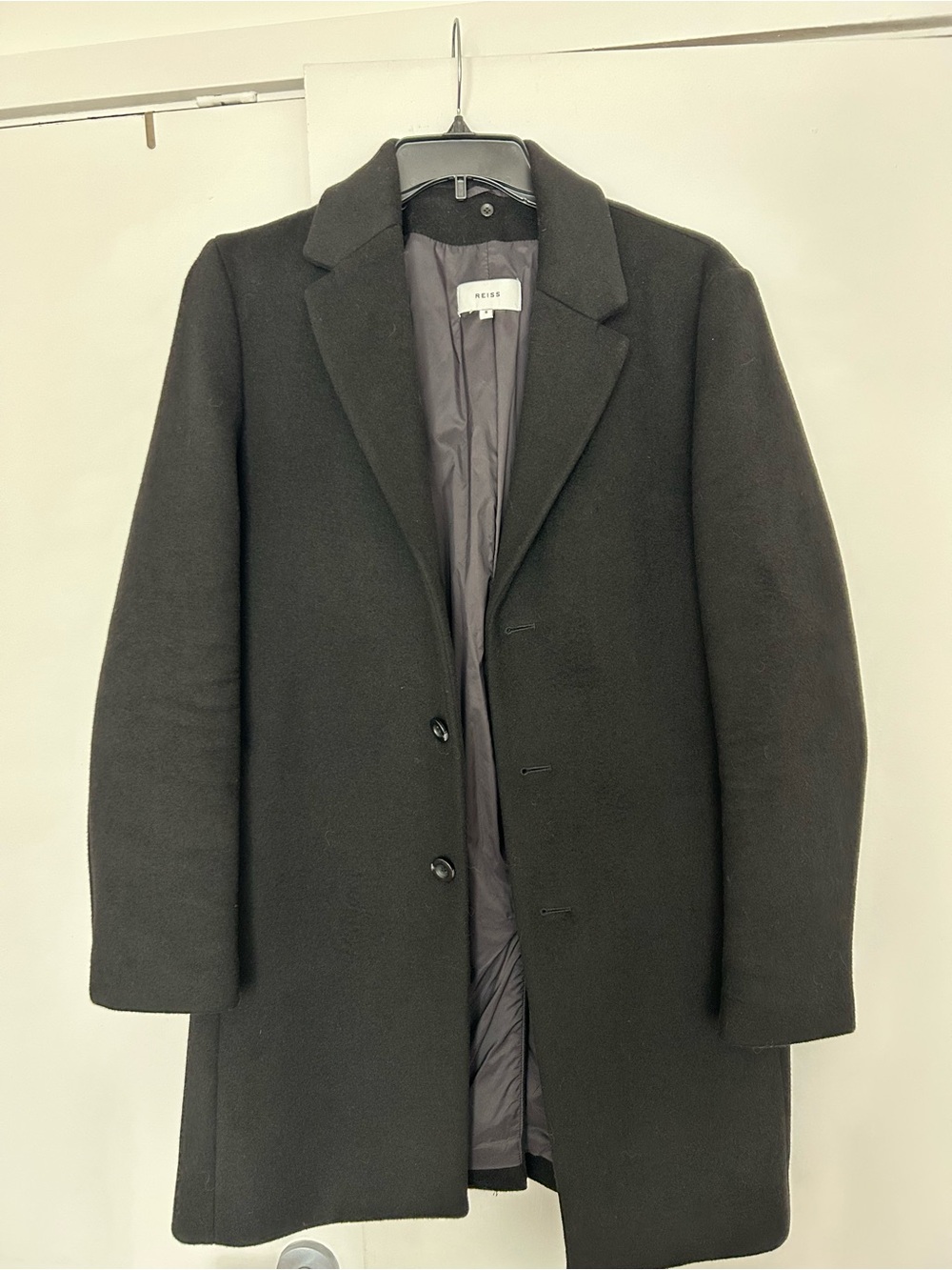 Reiss Black Wool-Blend Single-Breasted Overcoat